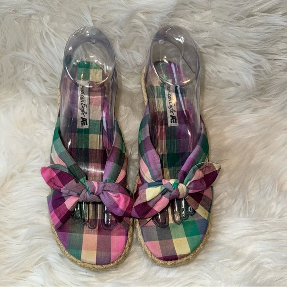American Eagle Outfitters Pink and Green Wedge Sandals Espadrille Size 8 - Picture 2 of 9